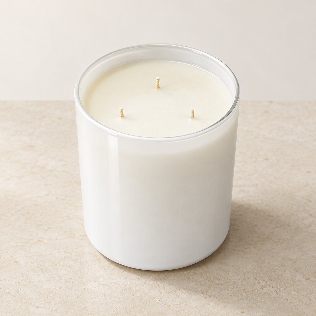 Luxe XL candle from an elevated angle showing three wicks