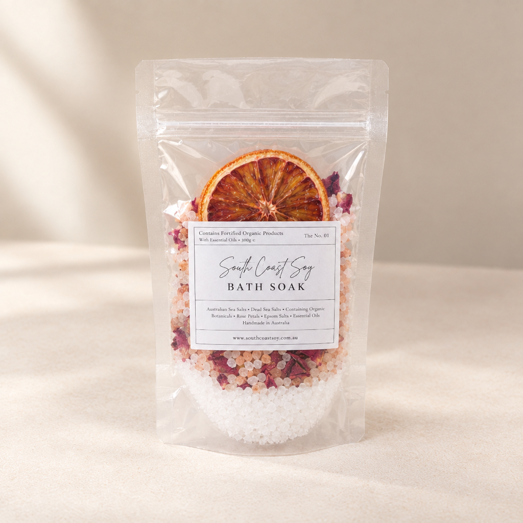 Minimalist bath soak photo with the original packaging label