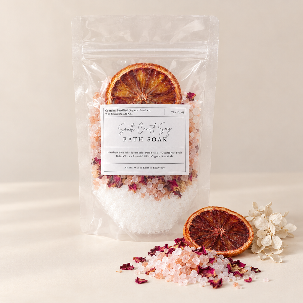 Minimalist labelled bath soak and ingredient photo